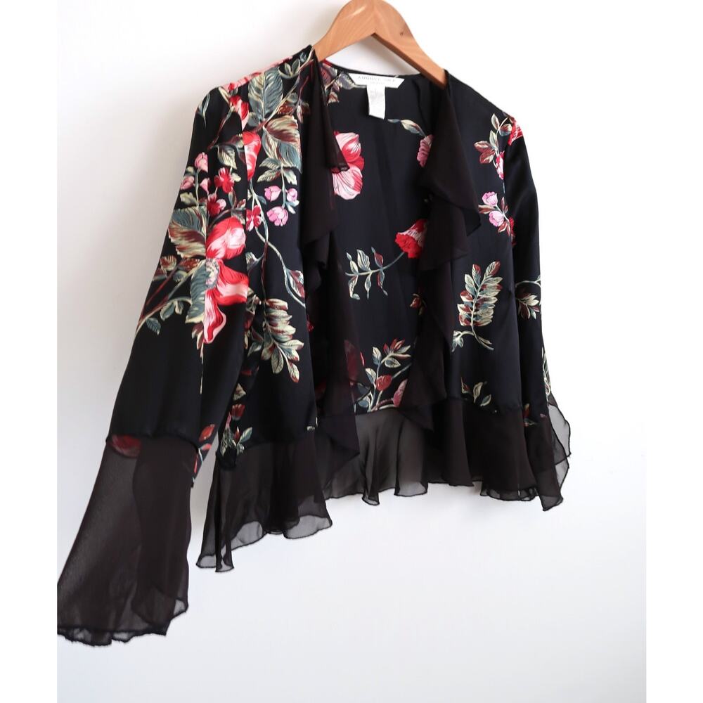 AUGUST SILK INTIMATES Silk Floral Ruffle Cardigan Cover Up Top Saks L $295